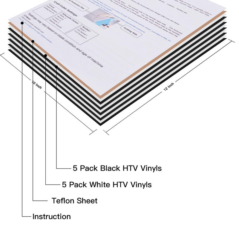 JANDJPACKAGING Heat Transfer Vinyl HTV Bundle - 5 White and 5 Black 12" X 10" Iron on Vinyl, HTV Vinyl for Cricut Silhouette Cameo Heat Press Machine with Teflon Sheet Included - Image 2